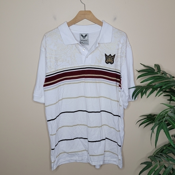 Avirex | Striped Mixed Print White Short Sleeve Polo Shirt - Picture 1 of 4